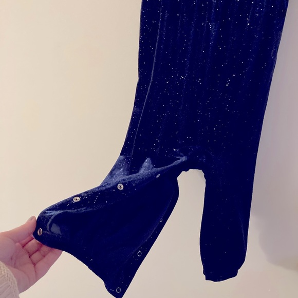 Sparkly Velvet Soft Navy Romper with Ruffle Collar and Snap Bottom - Picture 3 of 5